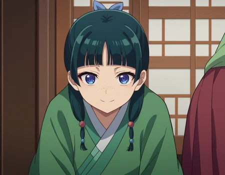 score_9, score_8_up, score_7_up, source_anime,
maomao, <lora:kusuriya-maomao-s1-ponyxl-lora-nochekaiser:1>,
maomao, long hair, bangs, blue eyes, hair ornament, green hair, blunt bangs, freckles, hair bun, single hair bun,
japanese clothes, robe, green robe, long sleeves, wide sleeves, skirt, red skirt,
indoors, bent over, smile,
looking at viewer, cowboy shot, dutch angle,