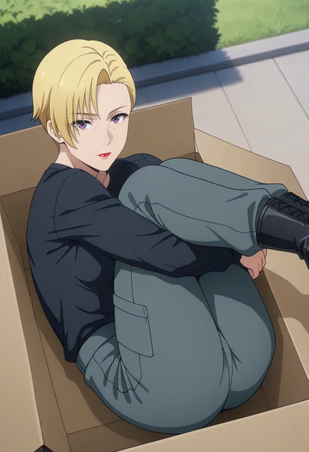 masterpiece, best quality, amazing quality, 1girl, solo, heidemarieww, mature female, purple eyes, blonde hair, short hair, lipstick, red lips, toned, small breasts, military uniform, black shirt, grey pants, black boots, <lora:Barrow_Heidemarie_Bravern_ill:0.9>, from behind, looking back, looking at viewer, cardboard box, in box, folded, tightly folded, outdoors, skindentation, detailed clothing folds, depth of field, sharp, high contrast, dynamic light