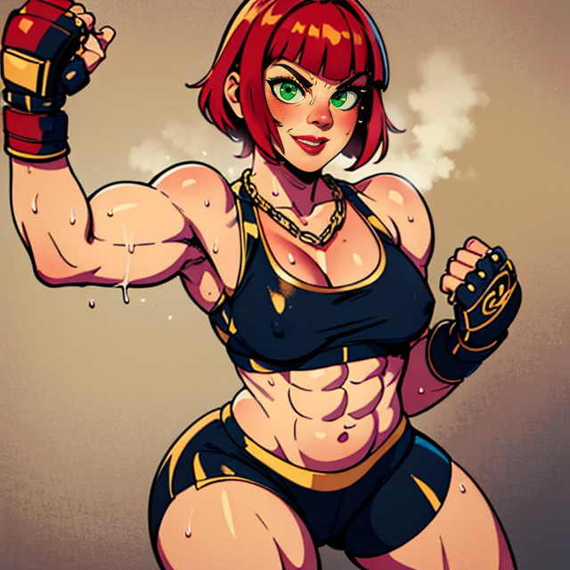 Marisa,short red hair, blunt bangs, makeup, green eyes ,muscular, biceps, abs,  smile,  sweat,  smelly, thighs,  punching,
Mattire, fingerless gloves, black sports bra with gold trim, big  chain necklace, toeless legwear, bike shorts, small skirt with gold trim,
(insanely detailed, beautiful detailed face, masterpiece, best quality)   <lora:Marisa-10:0.7>