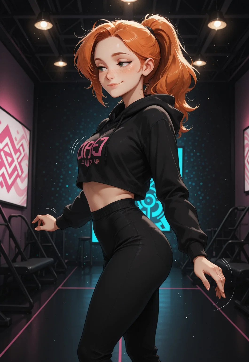 score_9, score_8_up, score_7_up, score_6_up, score_5_up, score_4_up, masterpiece, best quality, absurdres, 4k, 8k, intricate details, Chiaroscuro Lighting, cute, sexy,1girl, ginger, freckles, detailed eyes, HDeyes, perfecteyes, eyesHD, sexy eyes, bedroom eyes, expressiveH, smirk, foreshortening, side view, zicovergirl, standing, front view, looking at side, thoughtful look, pale white skin, hood, dancing, motion lines, twerk, indoors, dance studio, backlighting, neon black abstract background, light particles, glowing, dynamic pose, lazypos <lora:Zikickix_Cover_Girl:1>