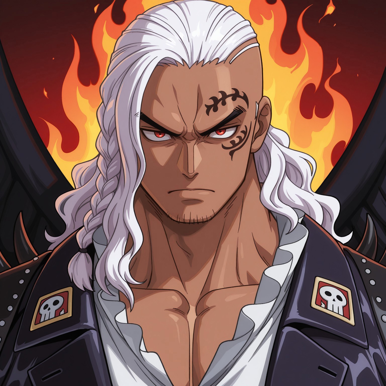OPKing, 2d, 1boy, solo, human, male, manly, tall, black wings, black leather uniform, long sleeves, black leather pants, zipper, black bands, black spikes, black gloves, glove spikes, buttons, black boots, white ruffles, fire on back, maskless, no mask, dark-skinned male, white long hair, black eyebrows, face tattoo, sidelocks, thin braid, red eyes, chin stubble, open jacket, white inner shirt,

BREAK serious expression, outside, night, sitting on steps, close up, looking at viewer

