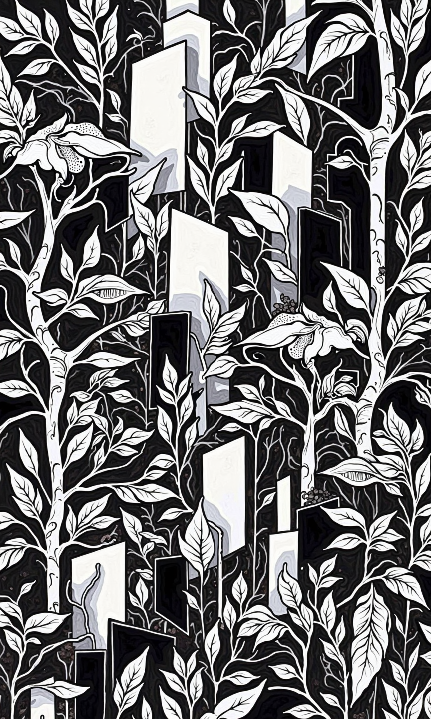 Full black and white abstract graphic design. 
The design features a dense, intricate pattern of stylized shapes and forms that appear to represent plants, buildings, and other symbolic elements.  The shapes are geometric and organic, with sharp lines and bold outlines. 
The overall composition suggests a complex, layered landscape or cityscape.  The forms are densely packed, creating a feeling of depth and visual complexity.  The use of black ink fills the entire space, with no white areas. The varied shapes, sizes, and placements of the imagery create a strong visual rhythm and sense of movement.
<lora:FLUX-daubrez-DB4RZ-v2:1> DB4RZ, DB4RZ style painting