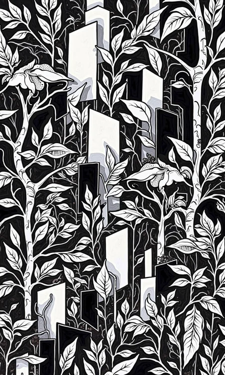 Full black and white abstract graphic design.
The design features a dense, intricate pattern of stylized shapes and forms that appear to represent plants, buildings, and other symbolic elements. The shapes are geometric and organic, with sharp lines and bold outlines.
The overall composition suggests a complex, layered landscape or cityscape. The forms are densely packed, creating a feeling of depth and visual complexity. The use of black ink fills the entire space, with no white areas. The varied shapes, sizes, and placements of the imagery create a strong visual rhythm and sense of movement.
<lora:FLUX-daubrez-DB4RZ-v2:1> DB4RZ, DB4RZ style painting