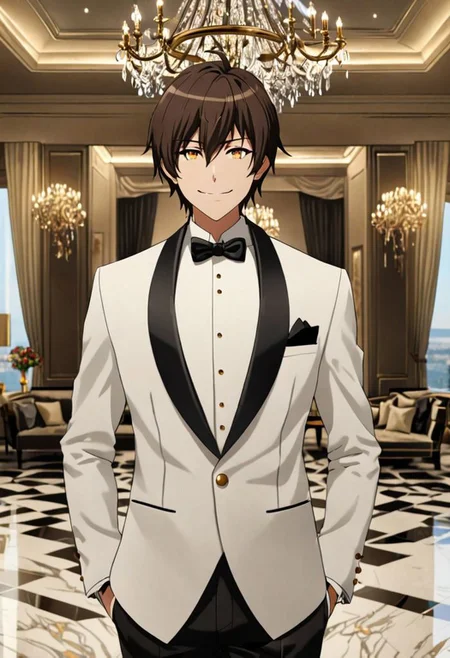 Highres, Masterpiece, High Quality, 4K, 8K, solo, 1Boy, Seiya Kanie, short dark brown hair, golden eyes, ballroom, luxury hotel, luxury room, marble floor, crystal chandelier, classic ornaments, tuxedo, smile, musterius, classy, confident, rich, easynegative, detailed_eye_model