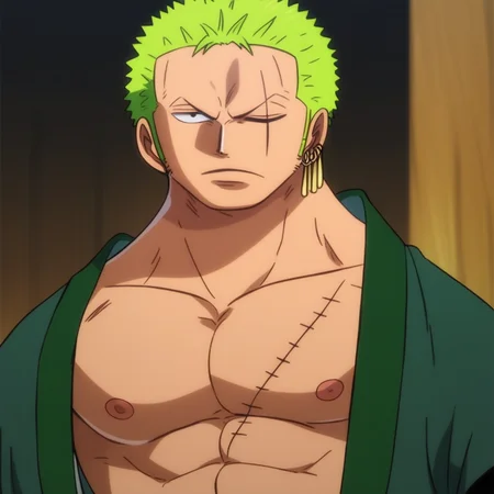 score_9, score_8_up, score_7_up, roro zoro, 1man, male focus, solo, open kimono, pectorals, nipples, upper body, earrings,
