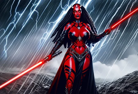 safe_pos, score_9,score_8_up,score_7_up, full body, 1girl, solo, large breasts, Dathomirian Zabrak alien, small white horns, red skin, yellow eyes, full lips, plump lips, black robe, black loincloth, spacecraft, science fiction city, rain, storm, lightning, wet, realistic, medium shot, sith lord, long hair, dreadlocks, war, star wars, lightsaber, holding lightsaber, red lightsaber, futuristic war, futuristic battle field, explosions, lasers, blaster bolts, tanks, 