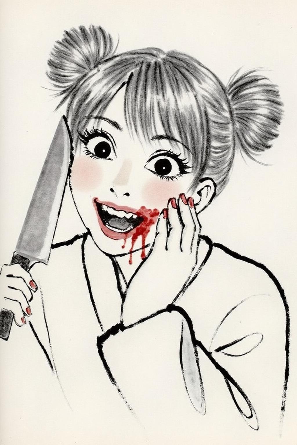 qbs1 minimalist ink wash painting.
 half body portrait of toga himiko, teeth, open mouth, blood on face, smile, double bun, crazy eyes, She is holding kitchen knife in her left hand,. Her right hand is on her cheek,   <lora:qbs1_cap_d6a3e12:1.0><lora:818446910919665895:0>