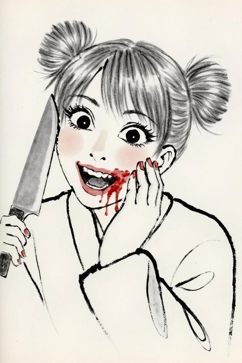 qbs1 minimalist ink wash painting.
half body portrait of toga himiko, teeth, open mouth, blood on face, smile, double bun, crazy eyes, She is holding kitchen knife in her left hand,. Her right hand is on her cheek, <lora:qbs1_cap_d6a3e12:1.0><lora:818446910919665895:0>