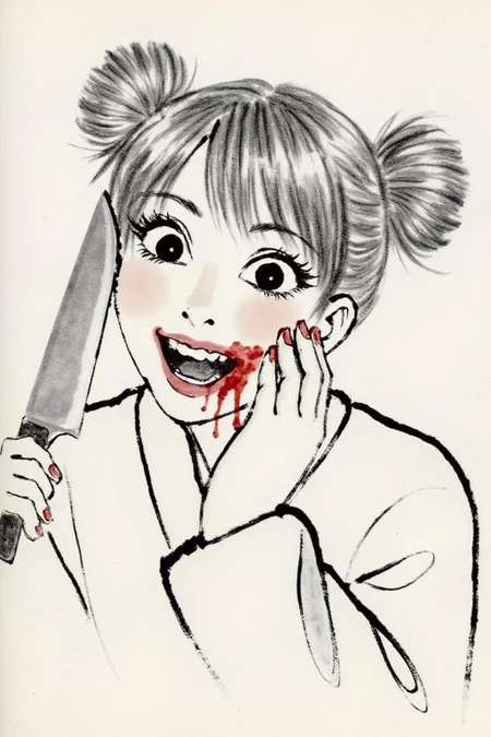 qbs1 minimalist ink wash painting.
half body portrait of toga himiko, teeth, open mouth, blood on face, smile, double bun, crazy eyes, She is holding kitchen knife in her left hand,. Her right hand is on her cheek, <lora:qbs1_cap_d6a3e12:1.0><lora:818446910919665895:0>