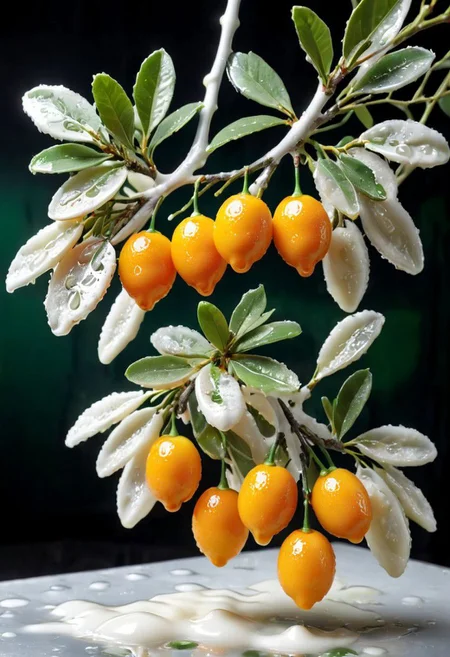 a somewhat realistic photo, kumquats hanging from a White wax branch, something is sightly off, uncanny, green tinted fluorescent lighting, highly detailed background, background of generic electronics, dark factory interior, White wax melting background
