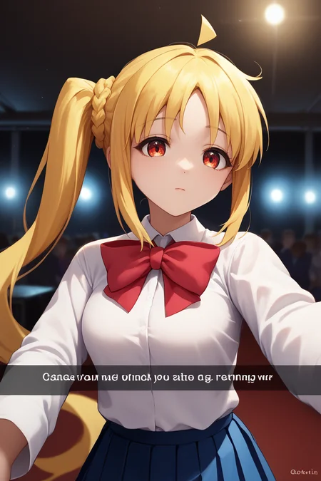 score_9, score_8_up, score_7_up, BREAK, 1girl, solo,  breasts,  <lora:snapchat-guy-PONYv1:.95>, snapchat,   <lora:bocchi_nijikaijichi_ponyXL:1> ijichi nijika, ahoge, side ponytail, shimokitazawa high school uniform, white shirt, red bow, long sleeves, blue skirt, pleated skirt, stage, stage lights,