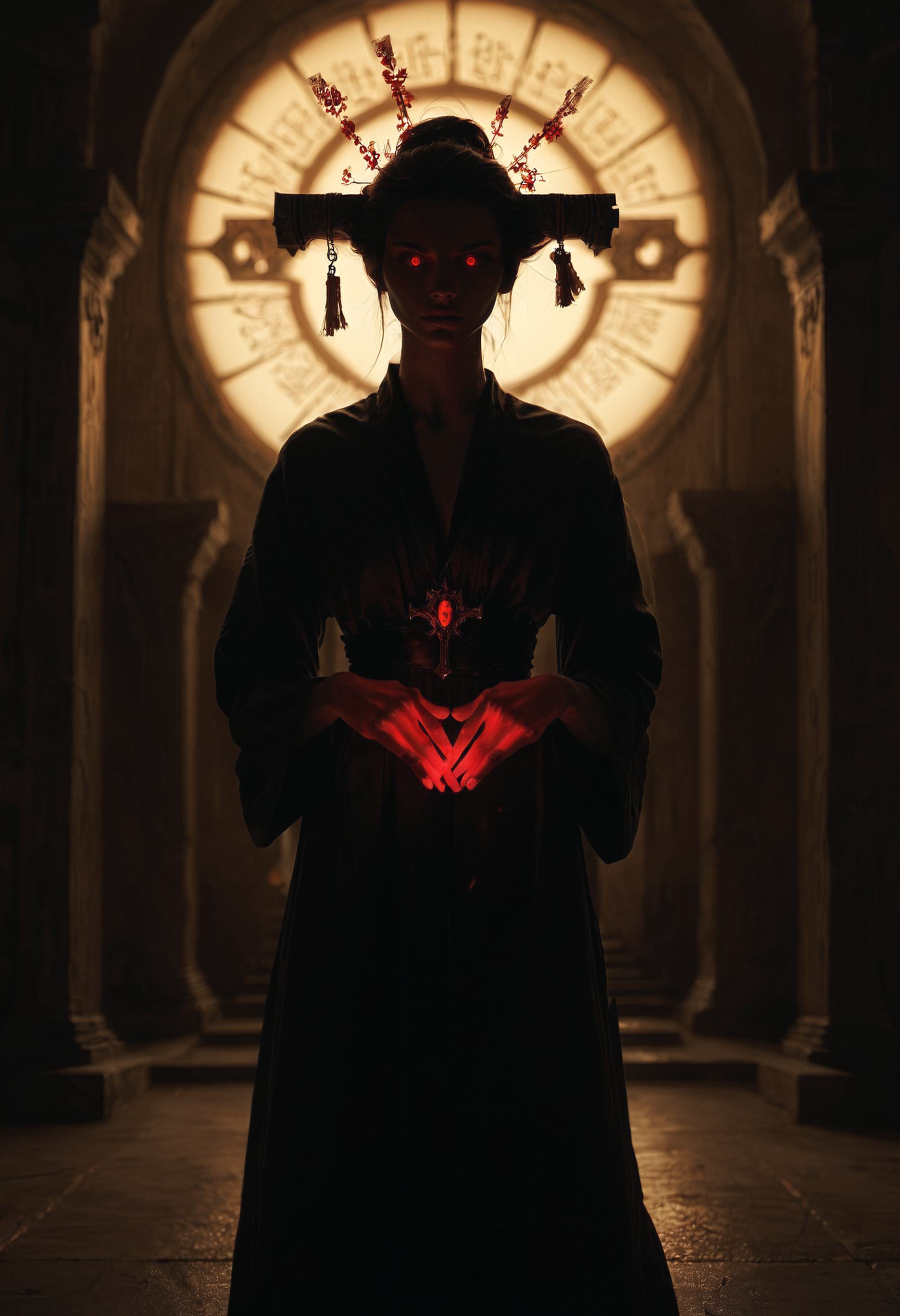 score_9, score_8_up, score_7_up, score_6_up, DRKDL, low key, dramatic lighting, dark theme, woman, solo, sorcerer, red eyes, glowing eyes, robes, temple, glowing hands, sexy, photorealistic , <lora:cultistexl-000005:.7>, <lora:DRKDL-R:.7>