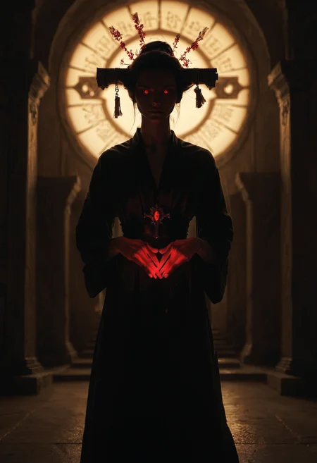 score_9, score_8_up, score_7_up, score_6_up, DRKDL, low key, dramatic lighting, dark theme, woman, solo, sorcerer, red eyes, glowing eyes, robes, temple, glowing hands, sexy, photorealistic , <lora:cultistexl-000005:.7>, <lora:DRKDL-R:.7>