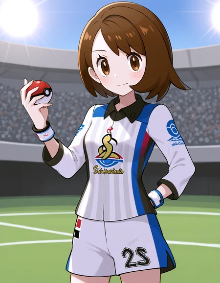 score_9, <lora:sdxl_lightning_8step_lora:1> source_anime, rating_safe BREAK 1girl, gloria \(pokemon\)
<lora:ponyxl-character_gloria_gym_challenge:1> , gym challenge uniform, white shirt, striped shirt, long sleeves, white shorts, (number print:1.2), wristband, 
stadium, crowd, spotlight, holding poke ball \(basic\),