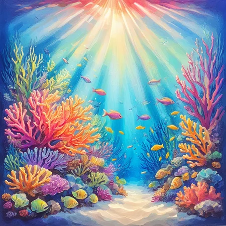 ArsMJStyle, Oil Pastels ,<lora:Oil_Pastels:1>, <lora:add-detail-xl:1.2> Underwater coral reef, layered textures of coral and fish, translucent quality of water achieved through color blending, vibrant tropical hues, light rays penetrating surface, dynamic composition