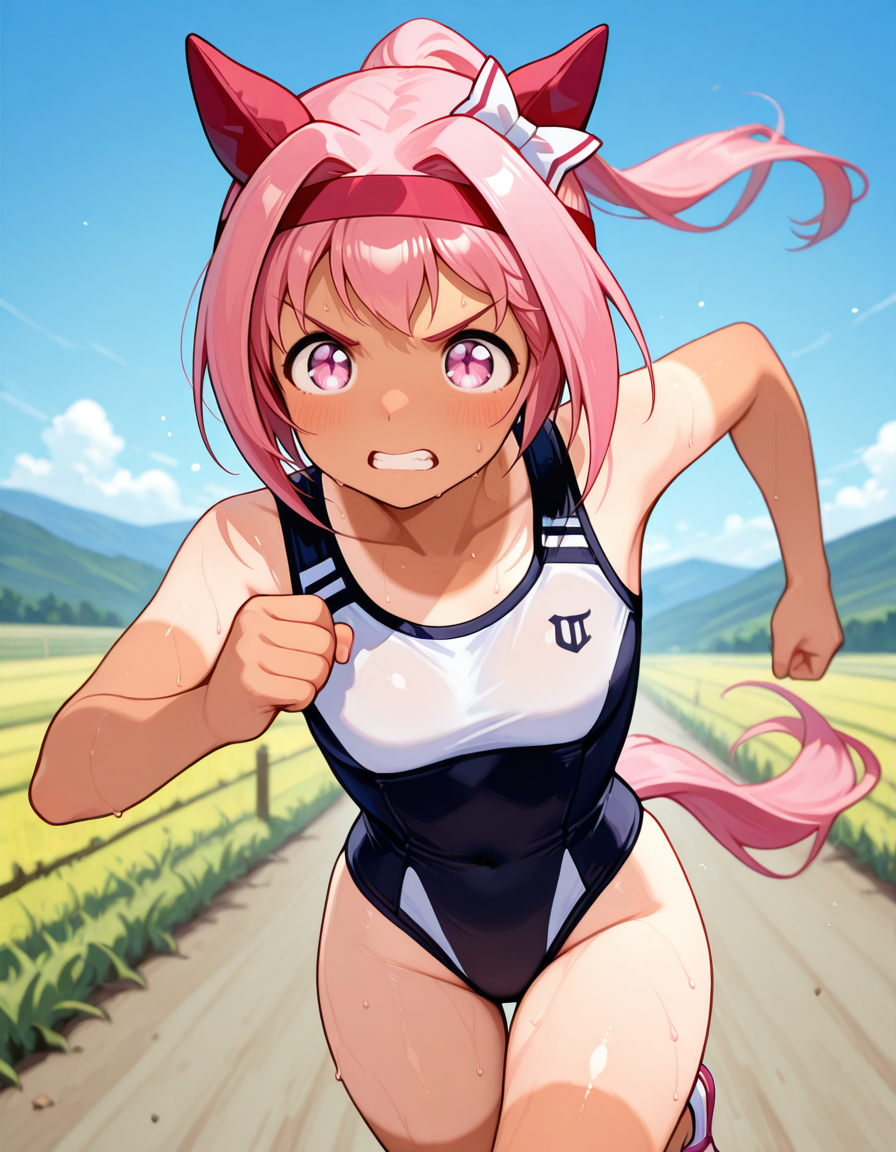 masterpiece,best quality,highres illustration,detailed face,1girl,cowboy shot,<lora:nb_tanlines_ILv2:1.2>,tanlines,haru urara \(umamusume\),leotard,running,sneakers,sweat,clenched teeth,serious,road,rural,