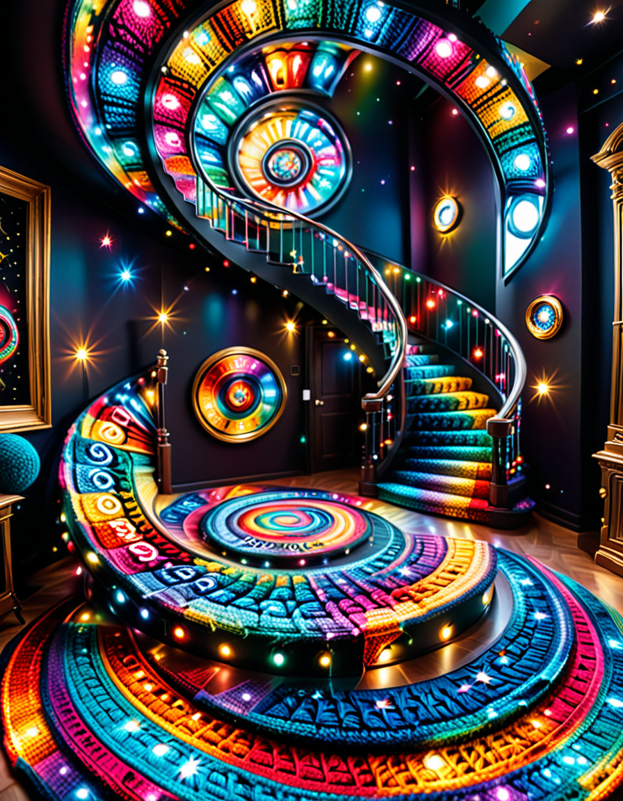 A spiral staircase fully crocheted, ascending into a seemingly infinite, empty room; each step adorned with cosmic patterns like galaxies, clocks, and outstretched hands; vibrant LED lights accentuate the details; reflective mirrors create an illusion of endlessness; surreal, contemplative, mesmerizing yet unsettling. <lora:SDXLFaeTastic2400:0.4> <lora:extremely_detailed:0.4> extremely detailed, <lora:cr0ch3t3d:1>,cr0ch3t3d, Masterpiece,best quality,hi res,8k,hi res,8k,award winning,(sharp focus, intricate, highly detailed),