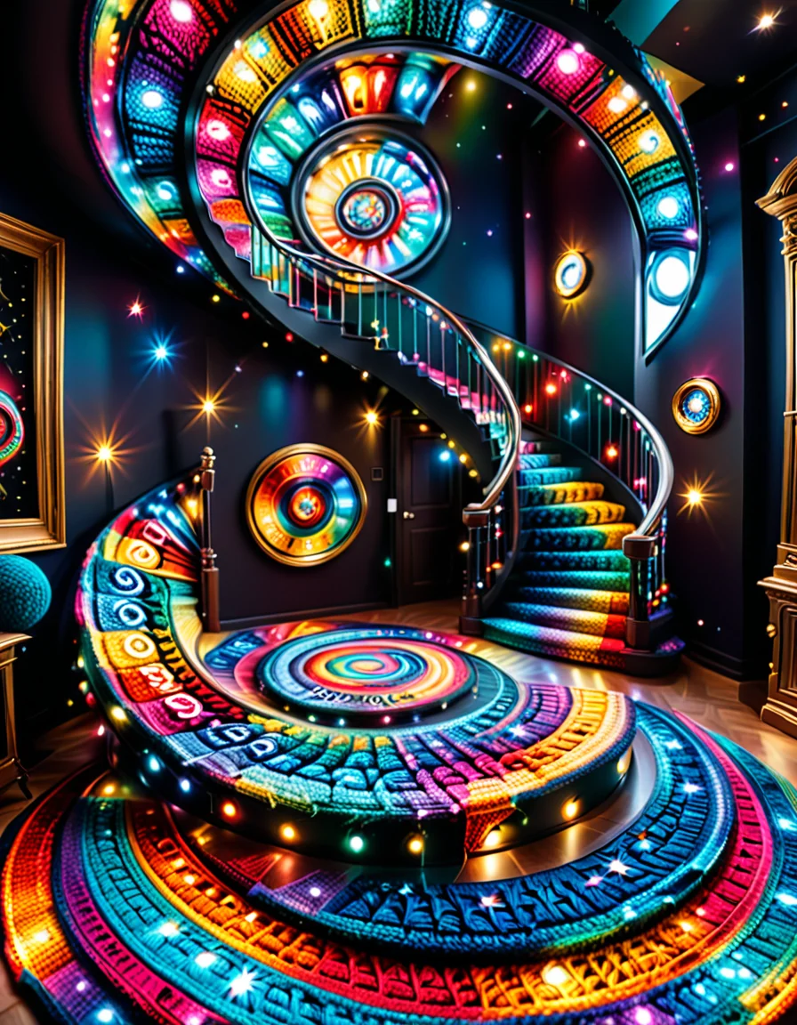 A spiral staircase fully crocheted, ascending into a seemingly infinite, empty room; each step adorned with cosmic patterns like galaxies, clocks, and outstretched hands; vibrant LED lights accentuate the details; reflective mirrors create an illusion of endlessness; surreal, contemplative, mesmerizing yet unsettling. <lora:SDXLFaeTastic2400:0.4> <lora:extremely_detailed:0.4> extremely detailed, <lora:cr0ch3t3d:1>,cr0ch3t3d, Masterpiece,best quality,hi res,8k,hi res,8k,award winning,(sharp focus, intricate, highly detailed),
