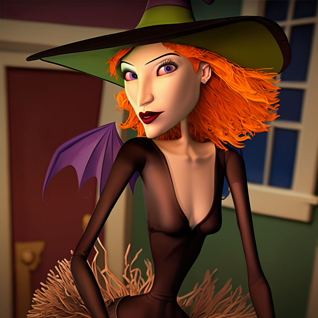 score_9, score_8_up, score_7_up, 1girl, orange hair, purple eyes, makeup, witch hat, bat wings, small breasts, narrow waist, wide hips, looking at viewer, highres, high quality, masterpiece,  <lora:Scary_Godmother:1>