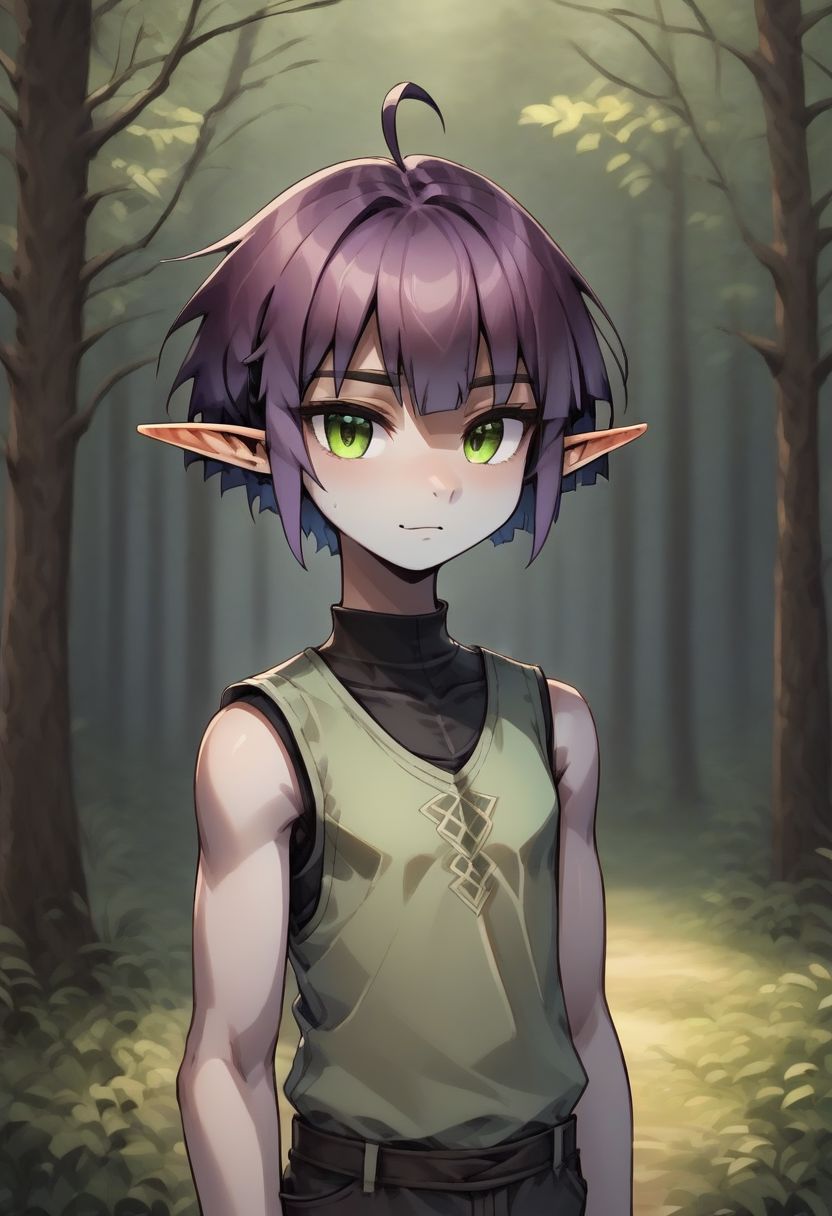 ASCIILapanya, 1 person, solo, pointy ears, ((snout nose)), flat chest, small nostrils, short stature, skinny arms, ((hazel irises)), fair skin, ((dark lilac hair)), short hair, tomboy haircut, small nostrils, 3 fingers 1 thumb ((Sleeveless green vest, fitted black undershirt, black pantaloons, fully clothed))
((Forest background)), fully clothed, 
clean lines, up close, upper body focus, highly detailed face, high quality, best quality,  score: 9, score: 8 up, rating: safe