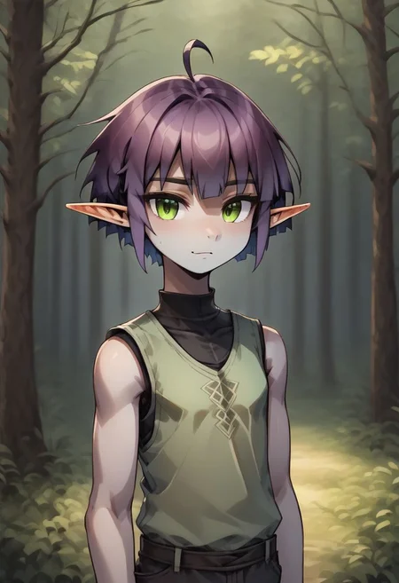 ASCIILapanya, 1 person, solo, pointy ears, ((snout nose)), flat chest, small nostrils, short stature, skinny arms, ((hazel irises)), fair skin, ((dark lilac hair)), short hair, tomboy haircut, small nostrils, 3 fingers 1 thumb ((Sleeveless green vest, fitted black undershirt, black pantaloons, fully clothed))
((Forest background)), fully clothed,
clean lines, up close, upper body focus, highly detailed face, high quality, best quality, score: 9, score: 8 up, rating: safe