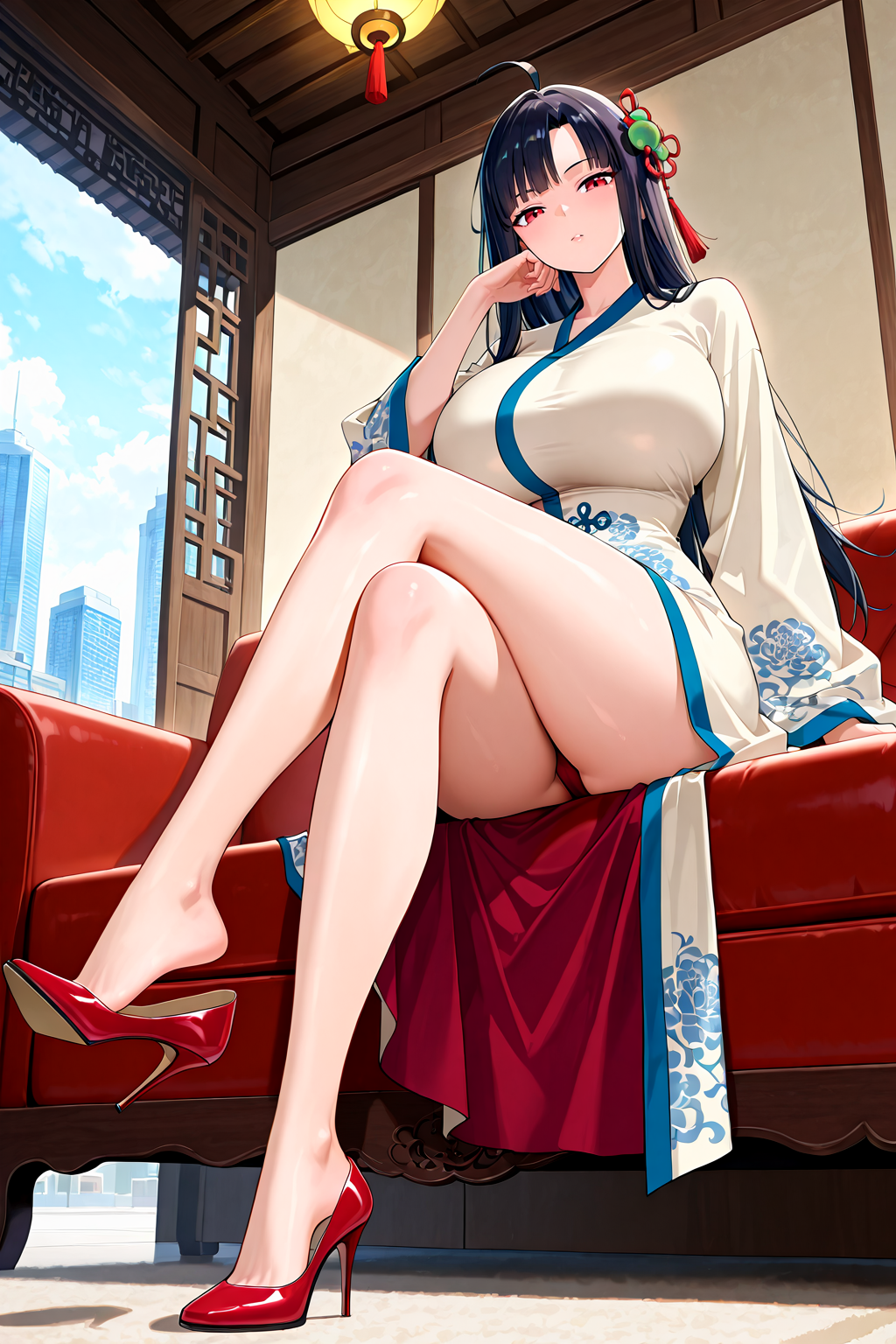 from below,from side,leaning back,
1girl,mature female,milf,sitting,sitting on couch,crossed legs,full body,inside,city,looking at viewer,head rest,from front,huge breasts,narrow waist,wide hips,thighs,long legs,slim legs,stiletto heels,shoe dangle,
Best quality,masterpiece,soft light,official art,masterpiece,high quality,highres,absurdres,epic scene,natural textures,highest quality,8K,Ultra-HD,ultra detail,epic scene,natural textures,<lora:Huang Xiaoyan IL V2:1>,huang xiaoyan,red eyes,long hair,black hair,parted bangs,hair ornament,ahoge,white and blue robe,red underwear,chinese clothes,red footwear,