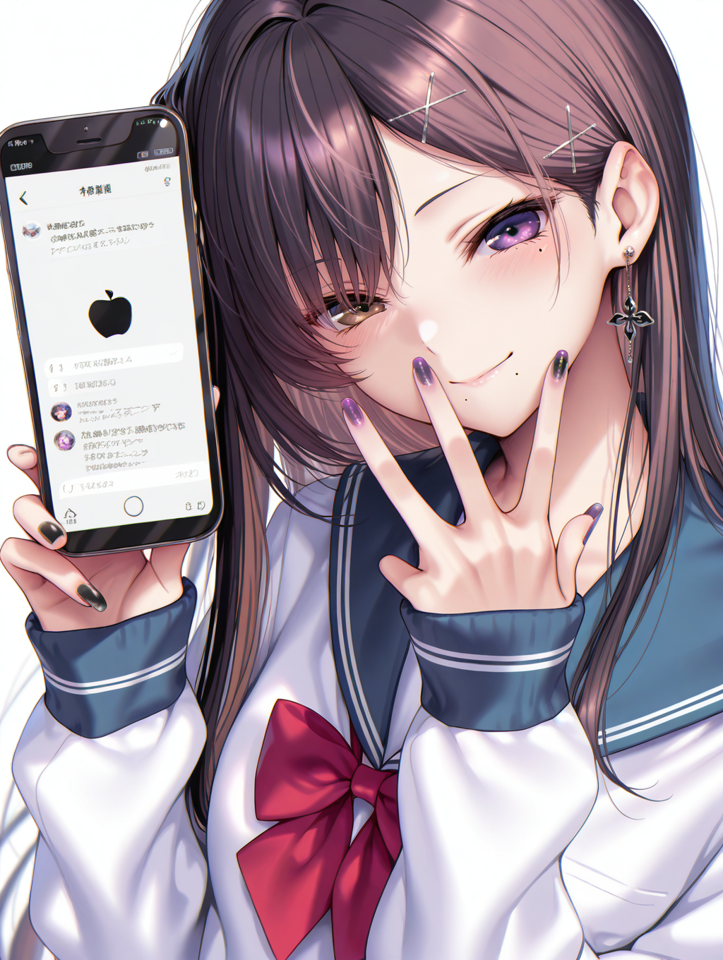 <lora:Piromizu:1>,1girl,apple inc.,original,bow,bowtie,brown hair,cellphone,holding,holding phone,long hair,long sleeves,mole,mole under eye,phone,purple eyes,school uniform,serafuku,simple background,sleeves past wrists,smartphone,smile,upper body,w,white background,x hair ornament,looking at viewer,red bowtie,earrings,solo,white shirt,hair ornament,jewelry,blush,iphone 12 pro,blue sailor collar,sailor collar,shirt,nail polish,mole under mouth,hairclip,multicolored nails,brown eyes,black hair,black nails,closed mouth,multicolored eye,fingernails,hand up,red bow,purple nails,heterochromia,, masterpiece,best quality,amazing quality,