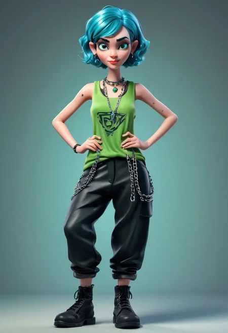 A captivating 3D render of a quirky and adorable claymation woman character. She sports a green gothic girly tank top, baggy very black pants, and chains and necklaces. Her short blue hair is reminiscent of a cubist style, with blue eyes that sparkle with personality. The woman crouches with a confident posture The overall vibe of the illustration is moody, brooding, confident, stylish, vibrant, a dash of whimsy. Glaring posing model glossy cool girl, 3d render, illustration