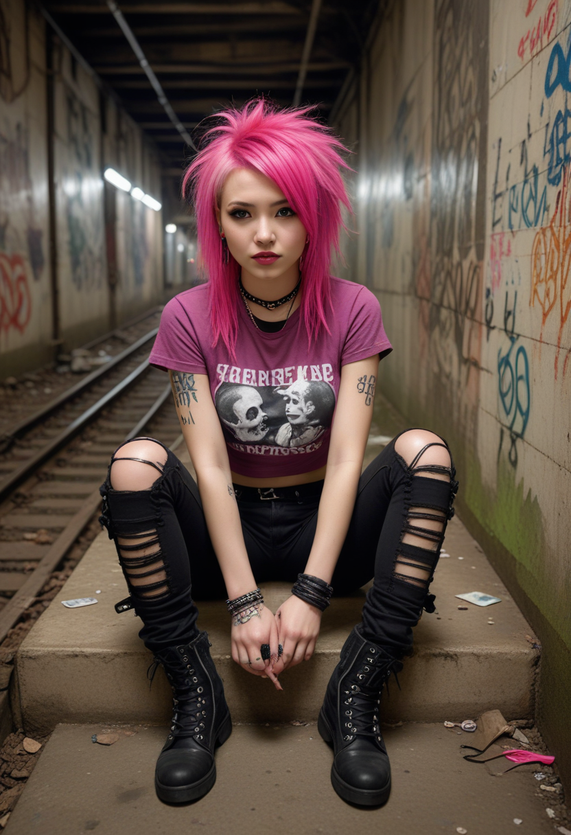 ((fashion photography)), perfect face, perfect eyes, (medium full shot) of  (lovely punk) young woman, chinese, dark eyes, fair skin, normal, wearing a shredded rock band t-shirt ,ripped mesh leggings,studded biker boots, bright fuchsia pink hair sleek undercut, nose ring, dark lipstick,mesh gloves, set in  an abandoned subway tunnel transformed into an underground punk squat, its walls adorned with political graffiti and makeshift art installations, Here, homeless punks and activists find refuge from the harsh realities of the city above, sharing food, music, and solidarity in the face of oppression, smiling at the viewer, masterpiece, best quality, photorealistic, very aesthetic
