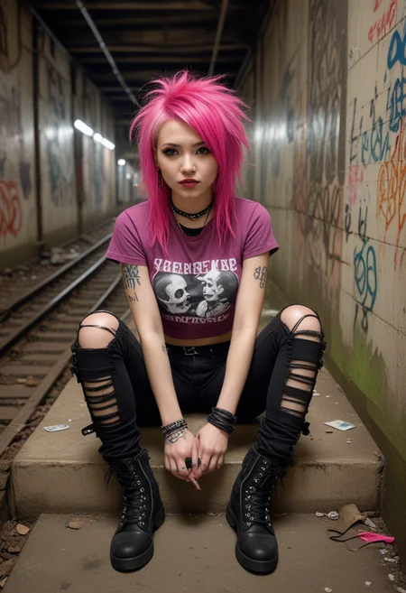 ((fashion photography)), perfect face, perfect eyes, (medium full shot) of  (lovely punk) young woman, chinese, dark eyes, fair skin, normal, wearing a shredded rock band t-shirt ,ripped mesh leggings,studded biker boots, bright fuchsia pink hair sleek undercut, nose ring, dark lipstick,mesh gloves, set in  an abandoned subway tunnel transformed into an underground punk squat, its walls adorned with political graffiti and makeshift art installations, Here, homeless punks and activists find refuge from the harsh realities of the city above, sharing food, music, and solidarity in the face of oppression, smiling at the viewer, masterpiece, best quality, photorealistic, very aesthetic