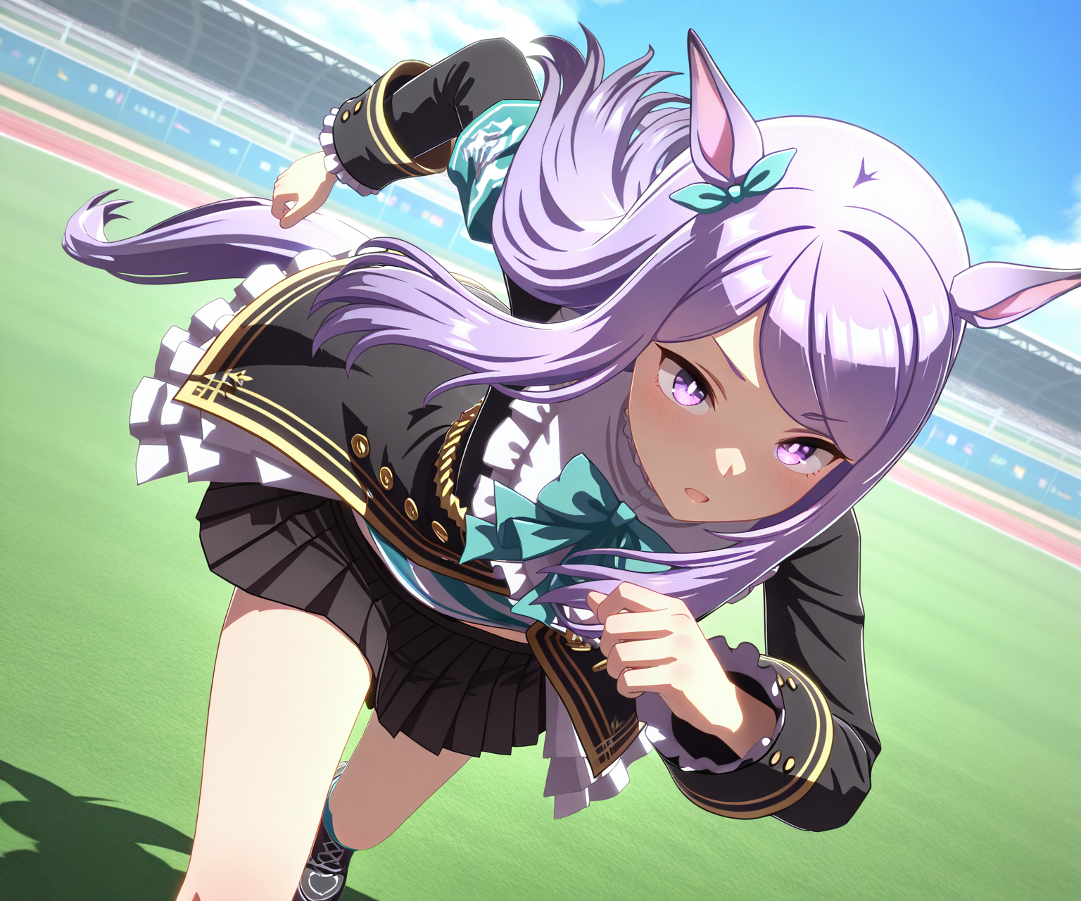masterpiece, best quality, amazing quality, , 1girl, solo,umamusume, racetrack, running,    <lora:Mejiro Mcqueen in game style 3D ILL-v2:1> ummsmingame, 3d, mejiro mcqueen \(umamusume\), black skirt