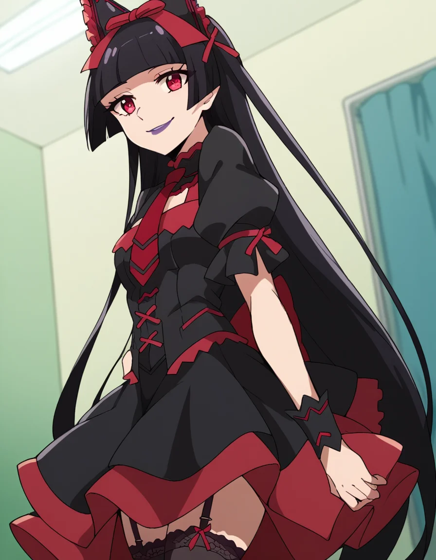 score_9, score_8_up, score_7_up, source_anime, <lora:rory-mercury-s1s2-ponyxl-lora-nochekaiser:1>, rory mercury, long hair, black hair, red eyes, bangs, blunt bangs, hime cut,, thighhighs, bow, ribbon, hair ribbon, garter straps, dress, black dress, puffy sleeves, frills, detached sleeves, necktie, red necktie, lipstick, purple lipstick,, hospital room, bedside, get well flowers, comforting, quiet, smile, looking at viewer, from side, solo,, cowboy shot, dutch angle