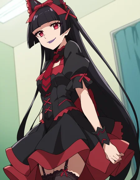 score_9, score_8_up, score_7_up, source_anime, <lora:rory-mercury-s1s2-ponyxl-lora-nochekaiser:1>, rory mercury, long hair, black hair, red eyes, bangs, blunt bangs, hime cut,, thighhighs, bow, ribbon, hair ribbon, garter straps, dress, black dress, puffy sleeves, frills, detached sleeves, necktie, red necktie, lipstick, purple lipstick,, hospital room, bedside, get well flowers, comforting, quiet, smile, looking at viewer, from side, solo,, cowboy shot, dutch angle