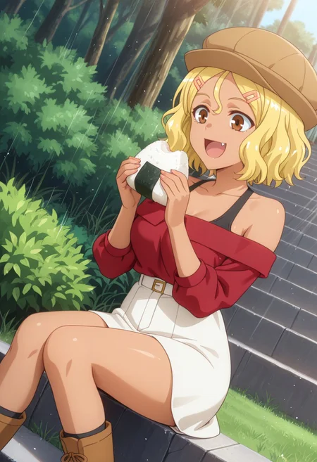 1girl, solo, masterpiece, best quality, newest, absurdres, CG, anime, source anime, illustration, very aesthetic, high resolution, ultra-detailed, newest, scenery, medium depth of field, rule of thirds, masterpiece-level, clean lines, sharp, focused subject, 
BREAK 1girl, ((solo)), Sakura_LW, anime screenshot, blonde hair, short hair, hair ornament, hairclip, dark skin, dark-skinned female, brown eyes, gyaru
hat, skirt, brown boots, off shoulder, white skirt, red shirt,
dynamic pose, sitting on the stairs, eating onigiri, happy, open mouth, dutch angle
outdoors, park, stairs, bin, grass, bushes,
motion lines, from both sides, cinematic angle, various angles, detailed background, beautiful background, (rays light:1.0),(grow:1.0), light particles