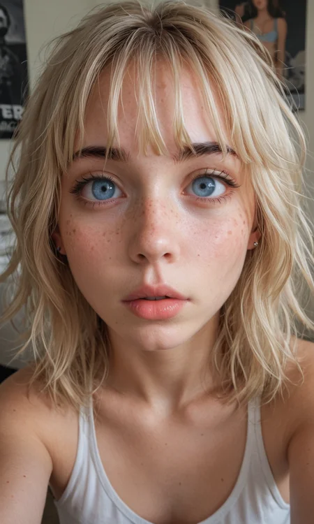 4k selfie with a surprised "o"-expression, deep focus, split-diopter lens. close-up, focus on her eyes. cluttered bedroom, posters on walls, ring lighting. long shaggy blonde (bangs between eyes, dark blue eyes, freckles, blush, natural lips, natural eyes, messy hair, black eyebrows, pierced eybrow) taking a selfie, bent forward, mirror behind in distance, her back can be seen (reflection)