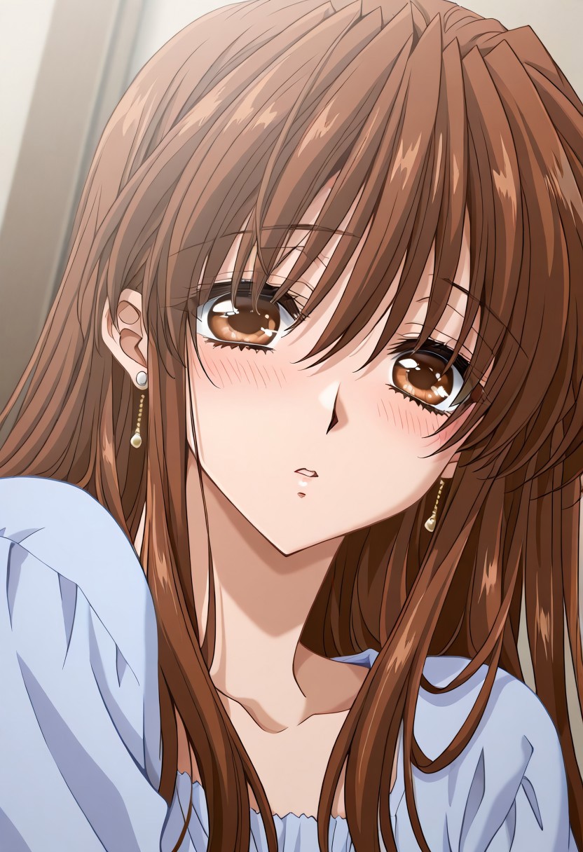 masterpiece, best quality, newest, highres, uncensored, 1girl, yokota mamoru style,1girl,Kudou Chiharu,Brown Hair, Long Hair,brown Eyes, Tareme Eyes,Slim,solo, open eyes, earrings, jewelry, long hair, blush, close-up,, dutch angle, portrait,full dressed