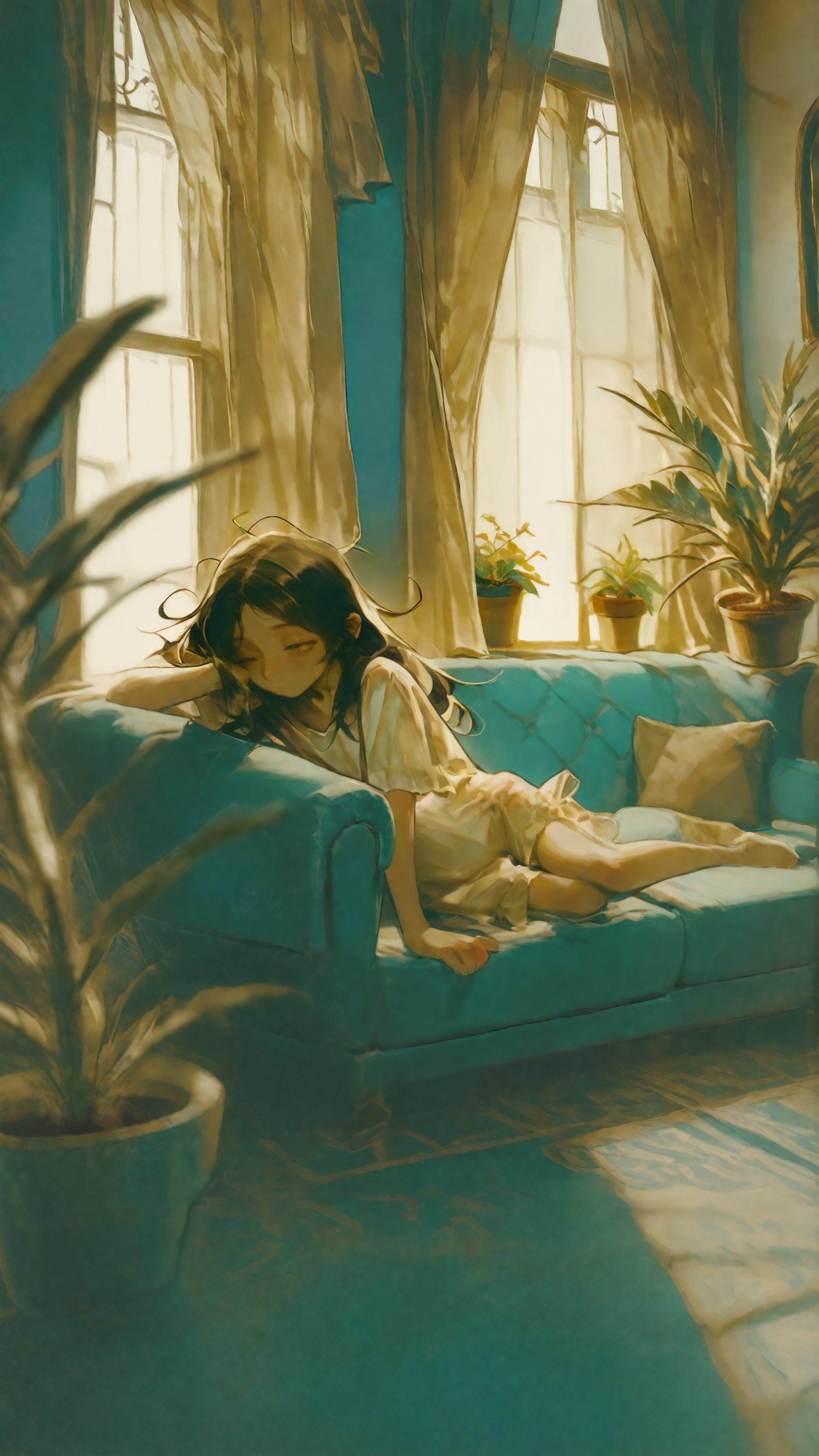 masterpiece, newest,absurdres,incredibly absurdres, best quality, amazing quality, very aesthetic, muted color, volumetric lighting,
1girl, blue couch, arm support, large window, curtain, sleepy, adult romper, potted plant, blurry foreground,
 <lora:dango:1>  <lora:Elegence_Niji:1> 3l3ganc3   <lora:j-e-m-g__sachsen_Style_Illustrious:1> sachsen