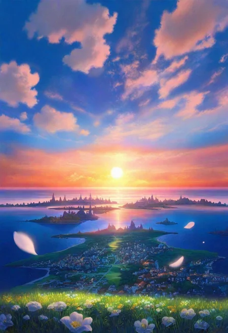 holy bell, cityscape, cloud, falling petals, flower, grass, horizon, ocean, orange sky, outdoors, , sun, sunset, vision \(genshin impact\), wind, (((landscape))), (((wideshot))),  very awa, perfect quality, newest, absurdres, highres, very aesthetic, sharp focus, (depth of field:1.5, foreshortening:0.8, deep perspective:0.8), ((4k, Ultra HD)), ((Masterpiece :1.2)), ((Best quality :1.2)), ((Detailed :1.5)), ((Detailed background :1.5)), ((g1b4l1, PEAnimeBG, Beautiful Background Scenery, uchio kazumasa style)),
