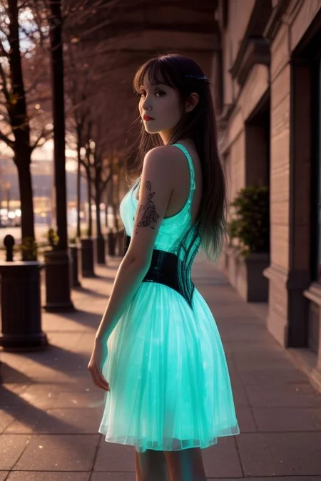 analog photo of a waifu, slim body, heavy breast, dark blue hairs, messy hairs, very long hairs, tight dress, see through dress, tan line, green eyes, black make up around the eyes, heavy breast, full body, long legs, fit legs, pantyhose, perfect feet, STAND IN THE WILD, view from the ground, black boots, glowing fractal tattoos, red tattoos, side view, focus on ass, Swaying position
