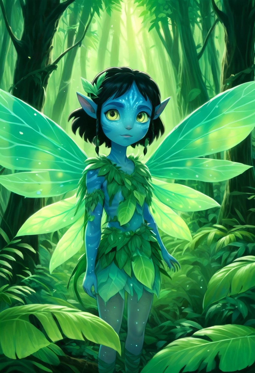 Studio Ghibli Style anime painting of a young female Avatar navi alien with blue skin, wearing leaf and bark armor, dressed up as a fairy with large translucent leaf wings in a bioluminescent jungle