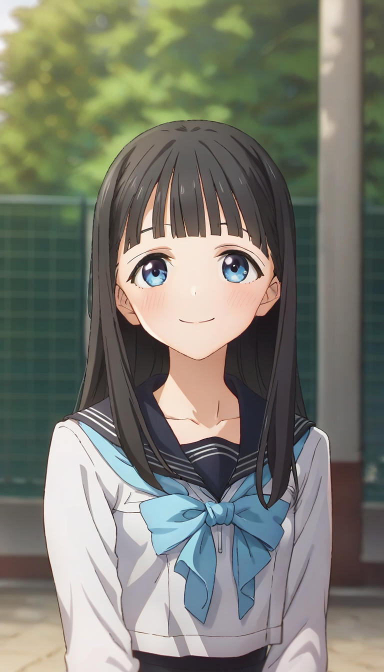 score_9,score_8_up,score_7_up,score_6_up BREAK official art,solo,outdoors,upper body,(portrait:1.5),looking at viewer,facing viewer,smile,blush,Komichi Akebi,long hair,black hair,straight hair,blunt bangs,blue eyes,collarbone,school uniform,black sailor collar,blue bowtie,blue neckerchief,white shirt,long sleeves,black skirt,medium skirt,pleated skirt,black socks,loafers,brown footwear,<lora:Komichi Akebi(asu)-Pony:1.4>,