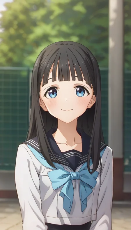 score_9,score_8_up,score_7_up,score_6_up BREAK official art,solo,outdoors,upper body,(portrait:1.5),looking at viewer,facing viewer,smile,blush,Komichi Akebi,long hair,black hair,straight hair,blunt bangs,blue eyes,collarbone,school uniform,black sailor collar,blue bowtie,blue neckerchief,white shirt,long sleeves,black skirt,medium skirt,pleated skirt,black socks,loafers,brown footwear,<lora:Komichi Akebi(asu)-Pony:1.4>,