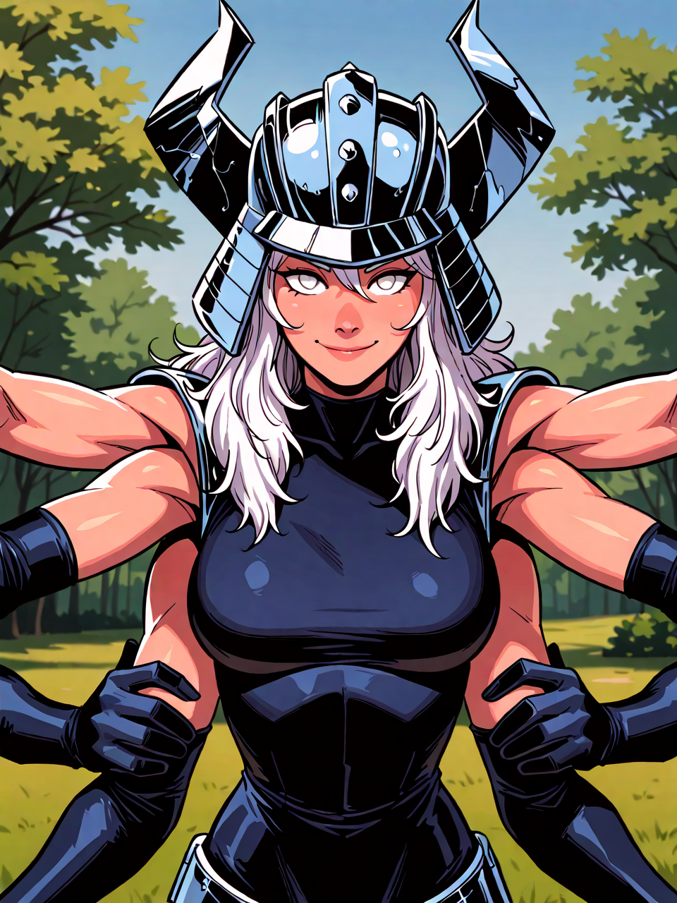 (masterpiece,best quality,newest,absurdres,highres), Sp1r4l, 1girl, solo, white eyes, white hair, (extra arms), (six arms), horned helmet, outdoor, smile, upper body, day, outdoor,  looking at viewer, Volumetric Lighting <lora:Spiral_IllustriousXL:0.9>