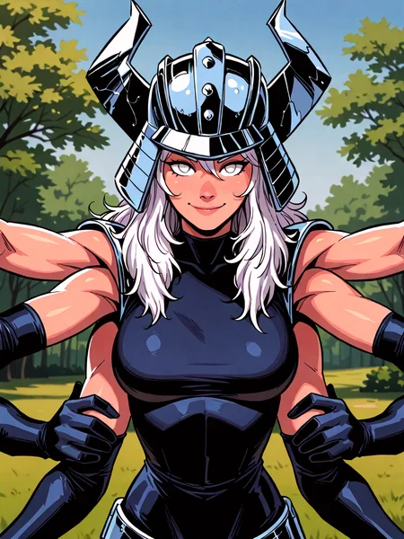 (masterpiece,best quality,newest,absurdres,highres), Sp1r4l, 1girl, solo, white eyes, white hair, (extra arms), (six arms), horned helmet, outdoor, smile, upper body, day, outdoor,  looking at viewer, Volumetric Lighting <lora:Spiral_IllustriousXL:0.9>