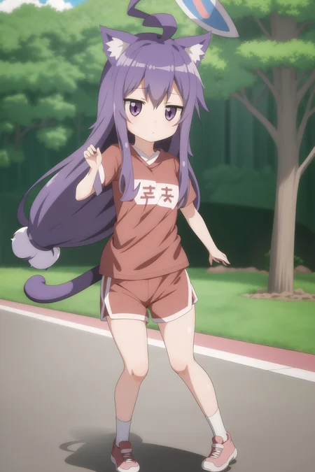 1girl, tsumiki_miniwa, purple hair, full body, little girl, long hair, ahoge, sport clothes, white t-shirt, red shorts, school stadium, kemonomimi, round animal ears, cat tail