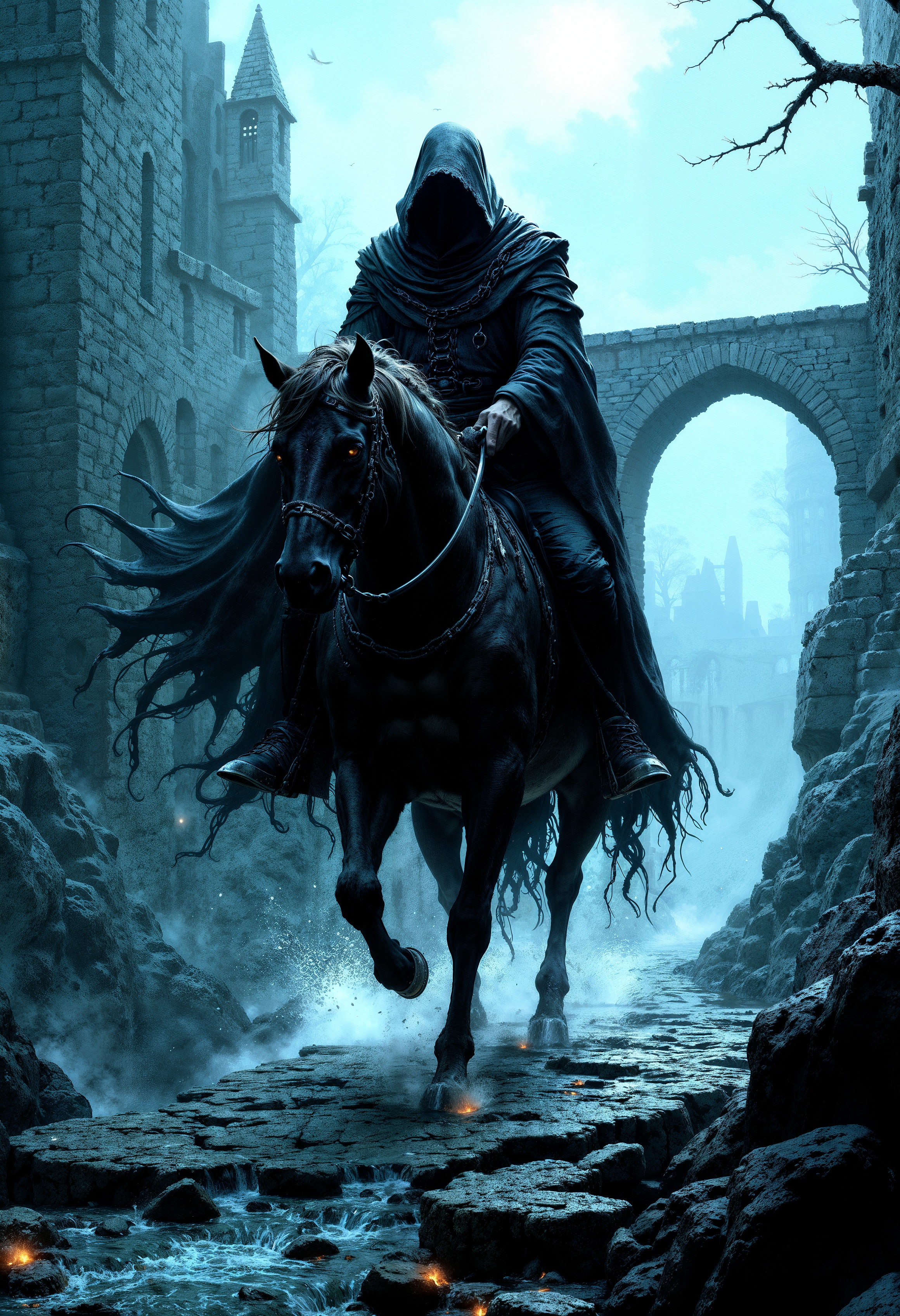 A terrifying Nazgûl riding a dark, shadowy horse across a weathered, ancient stone bridge. The Nazgûl, shrouded in tattered black robes that flow like smoke, has no visible face, just an eerie void beneath a pointed hood. The horse is massive and menacing, with glowing red eyes, dark mane flowing wildly, and shadowy tendrils emanating from its hooves, blending with the thick mist around the bridge. The scene is set in a cold, misty atmosphere, with fog swirling around the bridge's stone arches and creeping along the water below, obscuring the ground and creating an otherworldly, ominous setting. The bridge itself is old and worn, covered in moss and cracks, adding to the dark, gothic feel. The entire scene is bathed in a dim, moonlit glow, enhancing the foreboding and sinister presence of the Nazgûl as it rides steadily forward, a harbinger of doom in a world filled with mist and shadows.