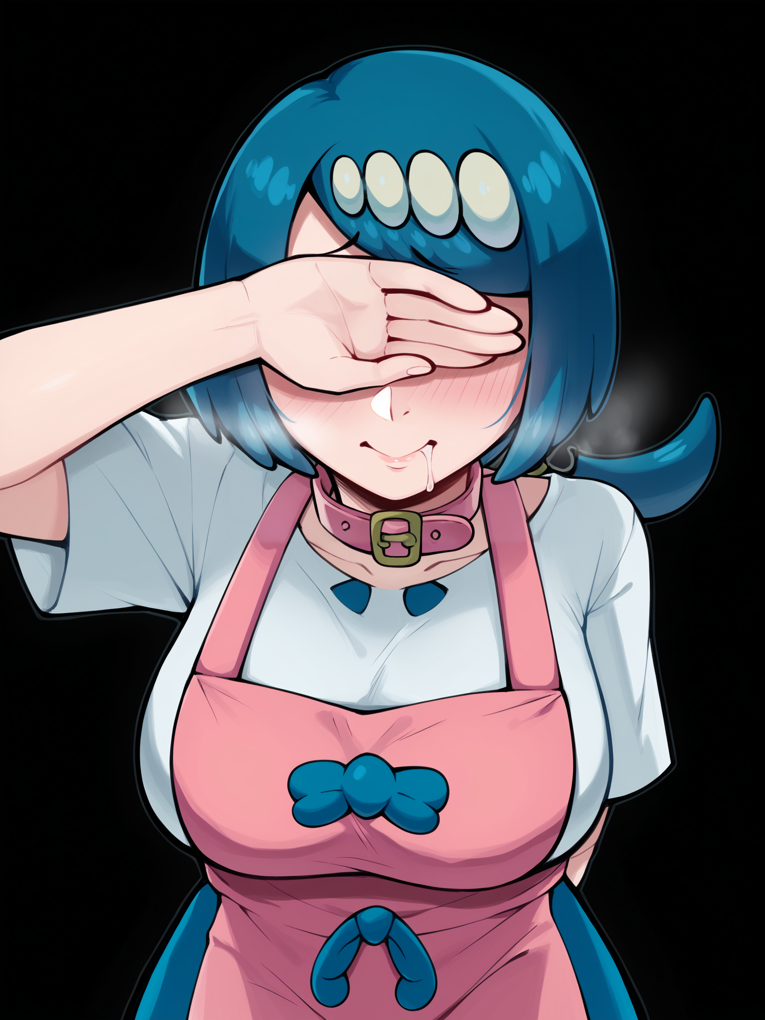 score_9, score_8_up, score_7_up, score_6_up, score_5_up, score_4_up,
BREAK
1girl, lana's mother \(pokemon\), blue hair, bob cut, low ponytail, hair ornament, blush, flustered, drooling, covering eyes, heavy breathing, pink collar, light smile,
BREAK
solo, from above, white shirt, large breasts, pink apron,
BREAK
black background, simple background, perspective, forced perspective, angled shot, dynamic pose, dynamic angle, <lora:Lunas-Artsheops-SDXL-A1:1> <lora:Lunas-Covering-Eyes-SDXL-A1:1>