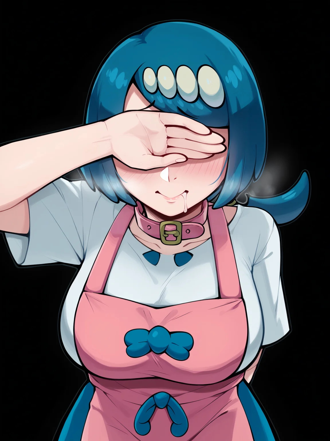 score_9, score_8_up, score_7_up, score_6_up, score_5_up, score_4_up,
BREAK
1girl, lana's mother \(pokemon\), blue hair, bob cut, low ponytail, hair ornament, blush, flustered, drooling, covering eyes, heavy breathing, pink collar, light smile,
BREAK
solo, from above, white shirt, large breasts, pink apron,
BREAK
black background, simple background, perspective, forced perspective, angled shot, dynamic pose, dynamic angle, <lora:Lunas-Artsheops-SDXL-A1:1> <lora:Lunas-Covering-Eyes-SDXL-A1:1>