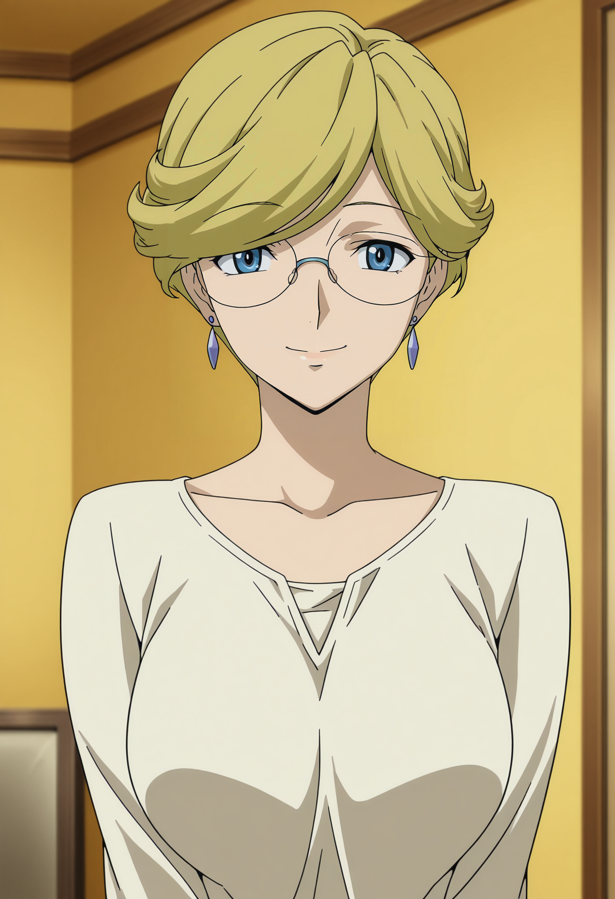 1girl,solo,mm,mature female,blonde hair,glasses,earrings,short hair,blue eyes,anime coloring,
,shirt,upper body,looking at viewer,indoors,smile,
,masterpiece,best quality,amazing quality,<lora:Mother_Halevy-Mobile_Suit_Gundam_00:0.8>
