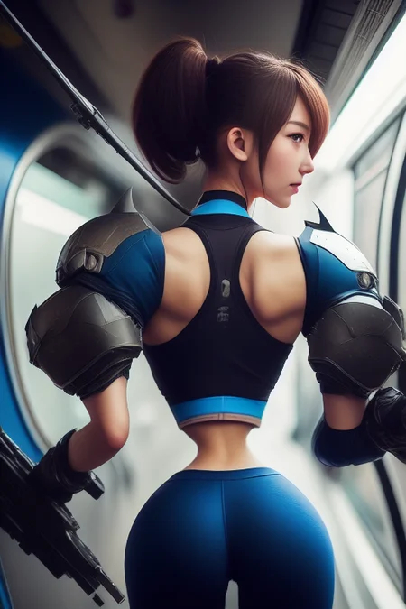 High detail color cartoon photograph of batman and robin from league of legends with a large gun, star guardian outfit, on the subway, messy hair, soft natural lighting, 8k photograph, shot on gopro, instagram selfie, smooth skin, sexy pose, tummy focus, film grain, pixar, crop top, navel, t shirt, cool jacket, sailor suit, sneakers, (thick thighs), pretty face, blue eyes, ponytail, smooth tummy, art by wlop, art by final fantasy, art by kim possible, arms behind back, gigantic ass, from behind <lora:microwaist:1.3>